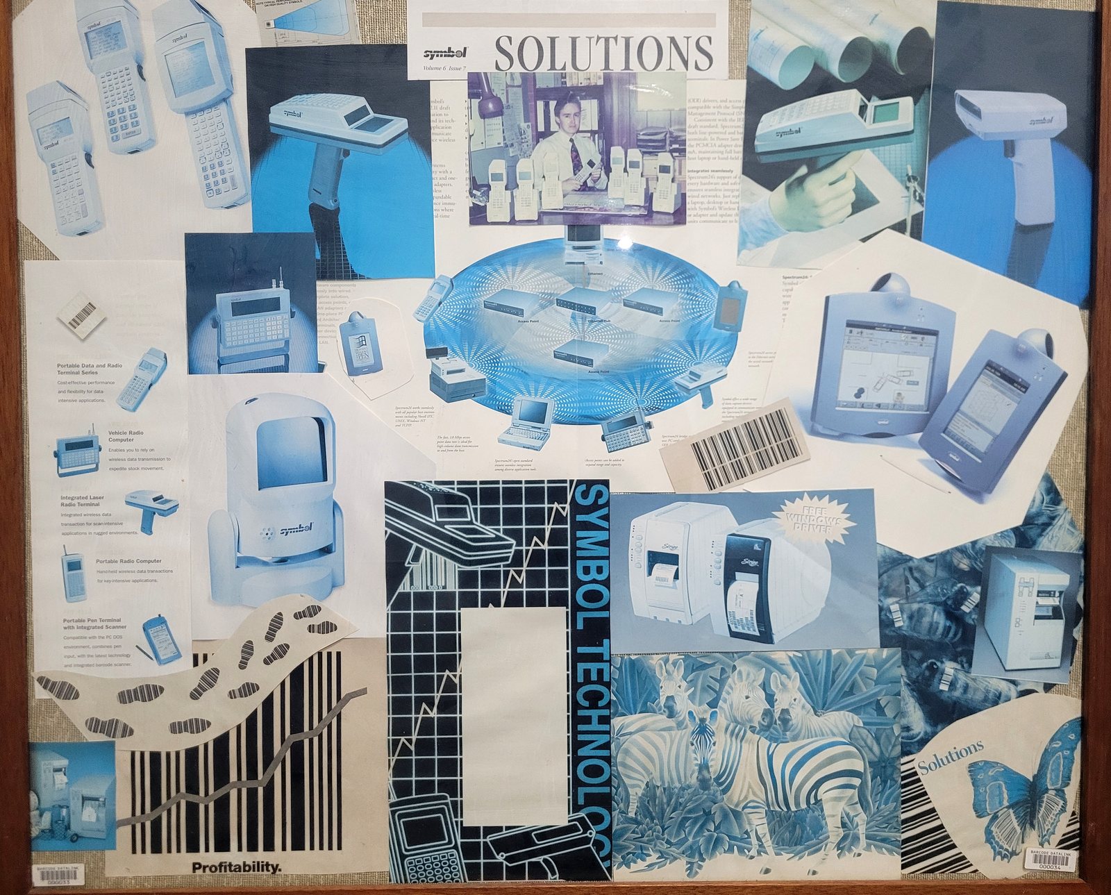 A framed collage of mid-nineties Symbol Technologies marketing: handheld
                    terminals, a Spectrum24 wireless network diagram, Stripe label printers, and a
                    printed illustration of zebras