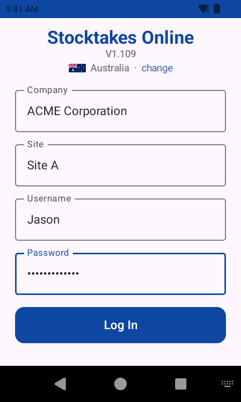 The Stocktake app login screen, with company, site, username and password filled in
