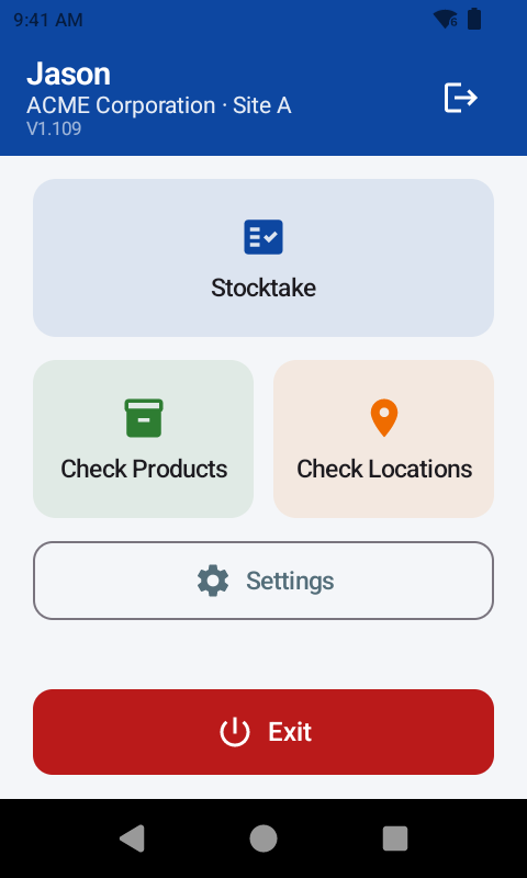 The app's main menu: Stocktake, Check Products, Check Locations, Settings and Exit