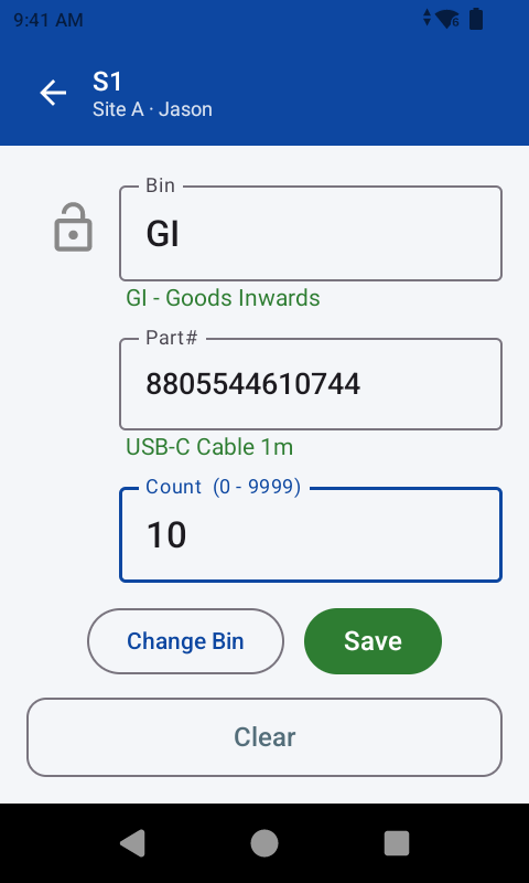 The enter the count screen, naming the part before it is saved
