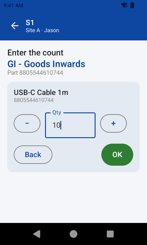 The buttons count screen: bin GI named Goods Inwards, the part named back as USB-C Cable 1m, and a quantity of 10 between large minus and plus buttons