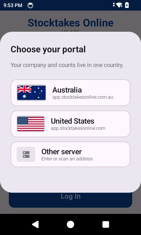 The Stocktake app on first run, asking which portal to use: Australia at app.stocktakesonline.com.au, United States at app.stocktakesonline.com, or another server entered by hand